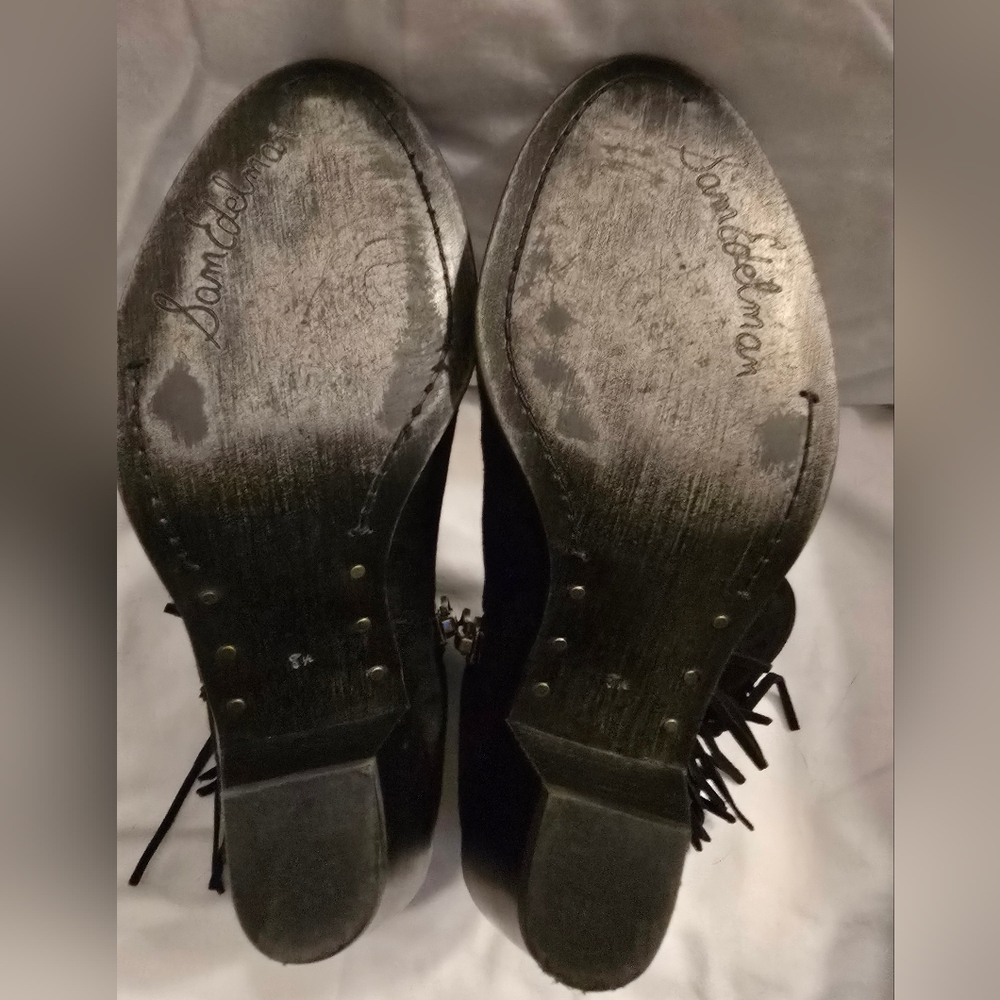 Sam Edelman Louie Black Suede Fringe-Trim Ankle Booties, Block Heel, Size 8.5. - Picture 8 of 10